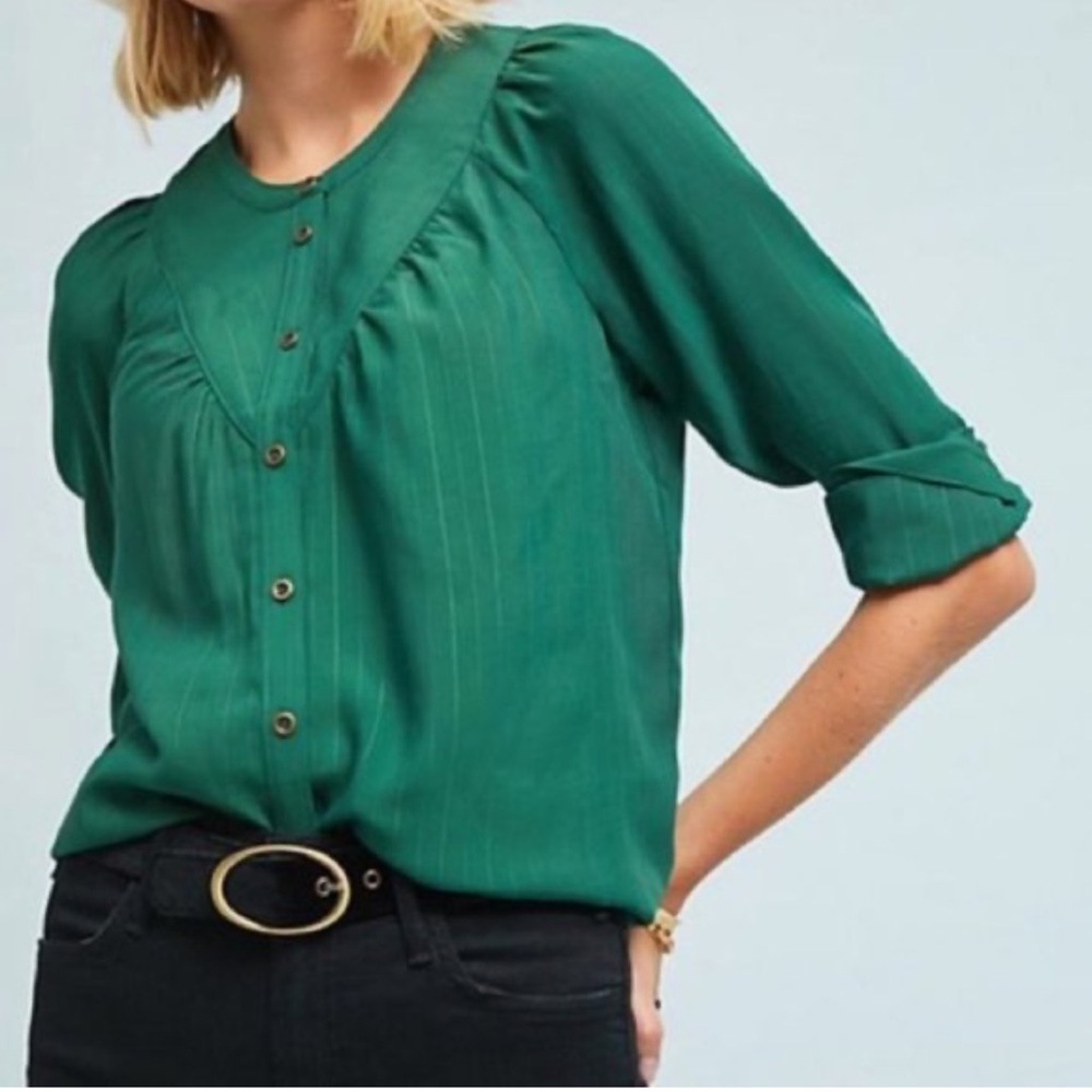 Maeve by Anthropologie Avignon Dark Green Pleated Button Front Stripe Blouse S - Picture 1 of 9